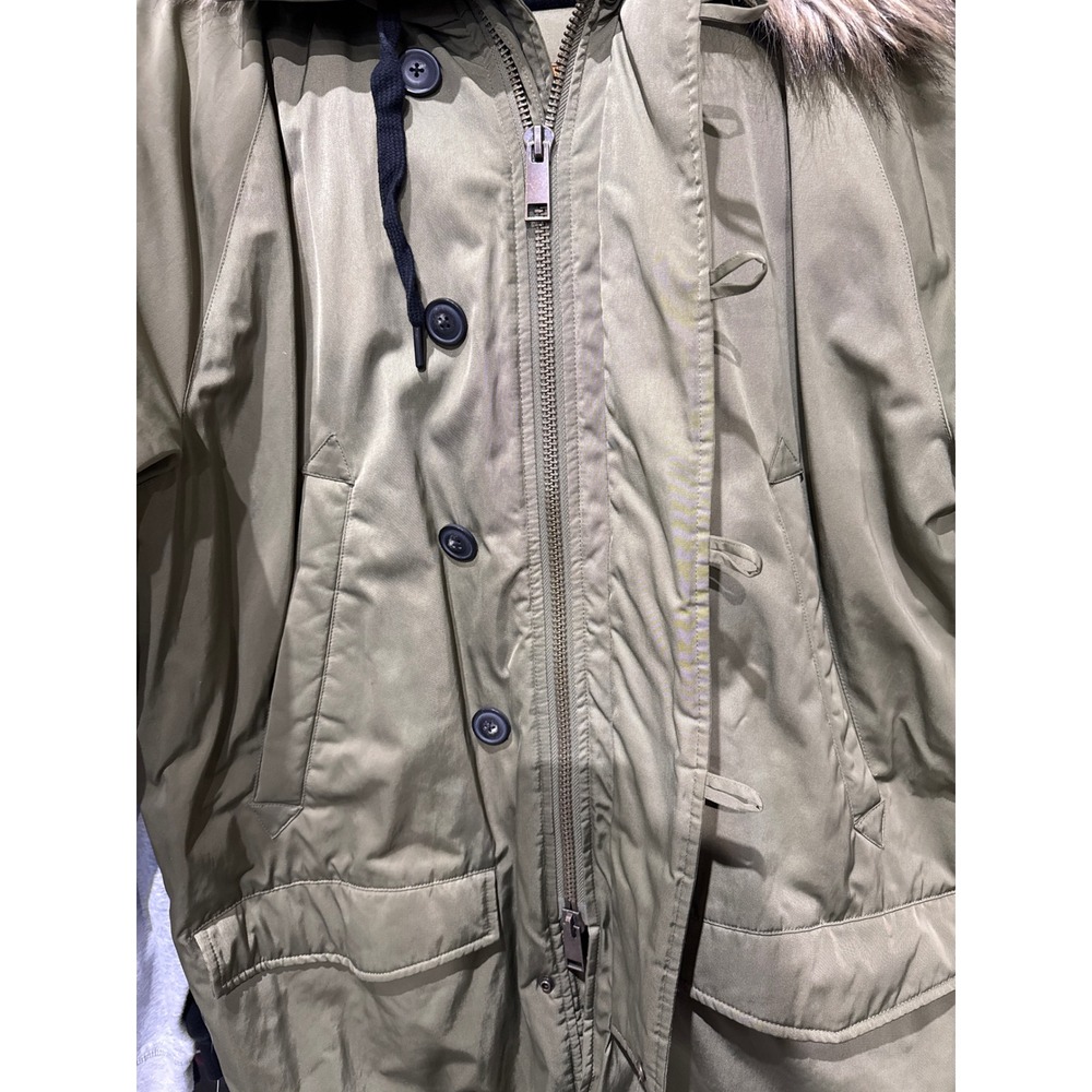 United Colors of Benetton Olive Green Faux Fur Hood Parka Jacket Orange Lining - Picture 3 of 5
